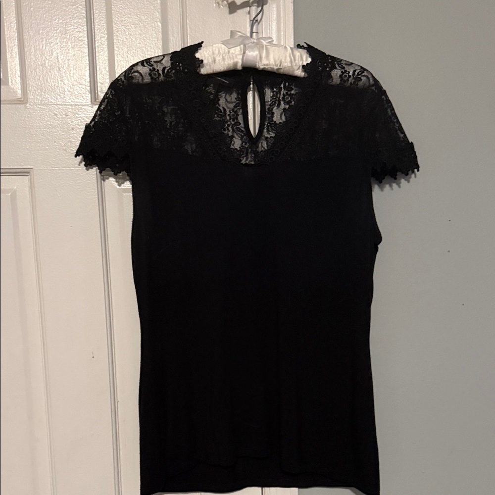 INC International Concepts Black Lace Yoke Short Sleeve Top